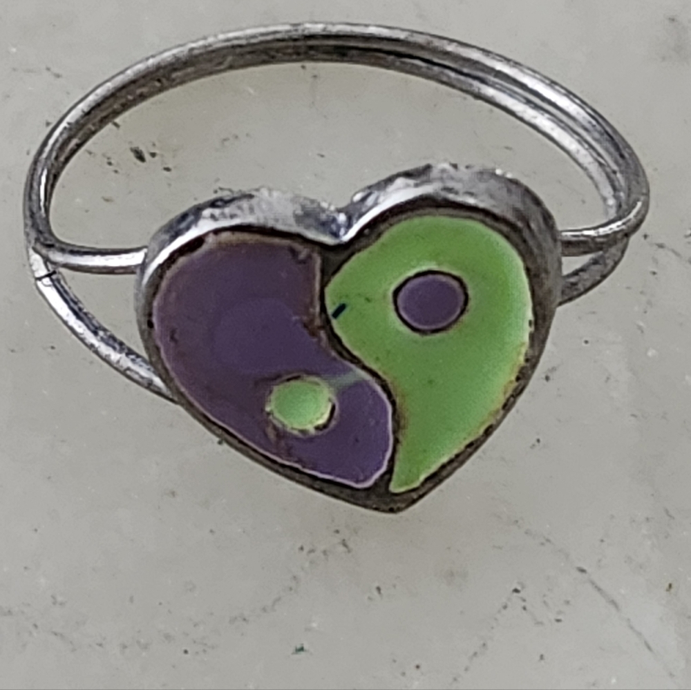 Heart Yin Yang Ring in Purple and Green Vintage